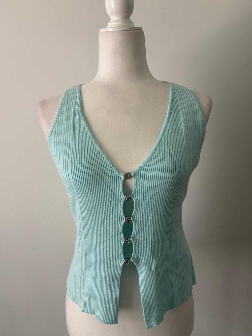 GUESS Aqua Ribbed V-Neck Tank with Decorative Rhinestoned GUESS Letters